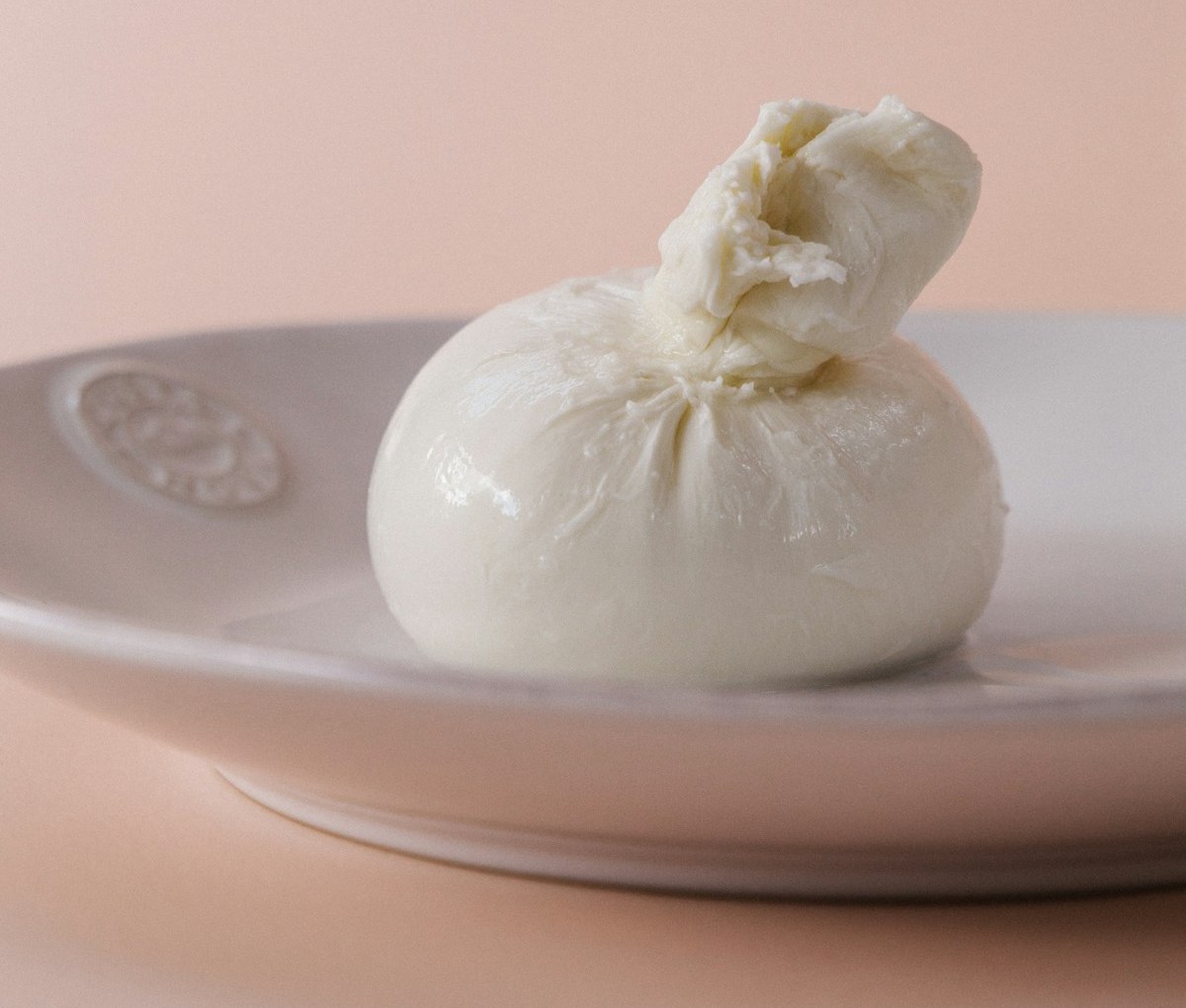 A ball of fresh mozzarella on a ceramic plate